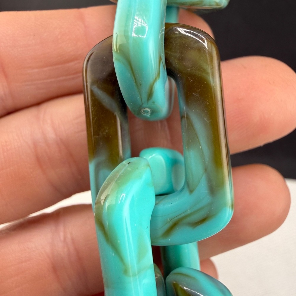 Vintage Estate Bracelet Blue Brown Marbled Acrylic Link Chain 7.5"